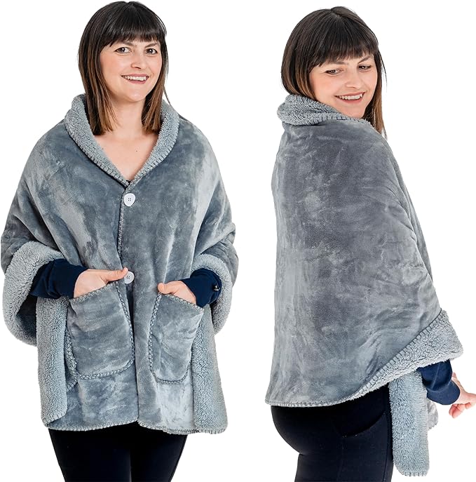 Silver Grey Double Layer Poncho Blanket - Perfect Gift for Women