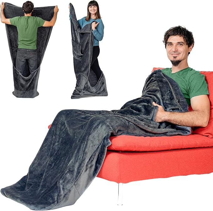 Lightweight Fleece Blanket with Foot and Marsupial Pockets, Anthracite